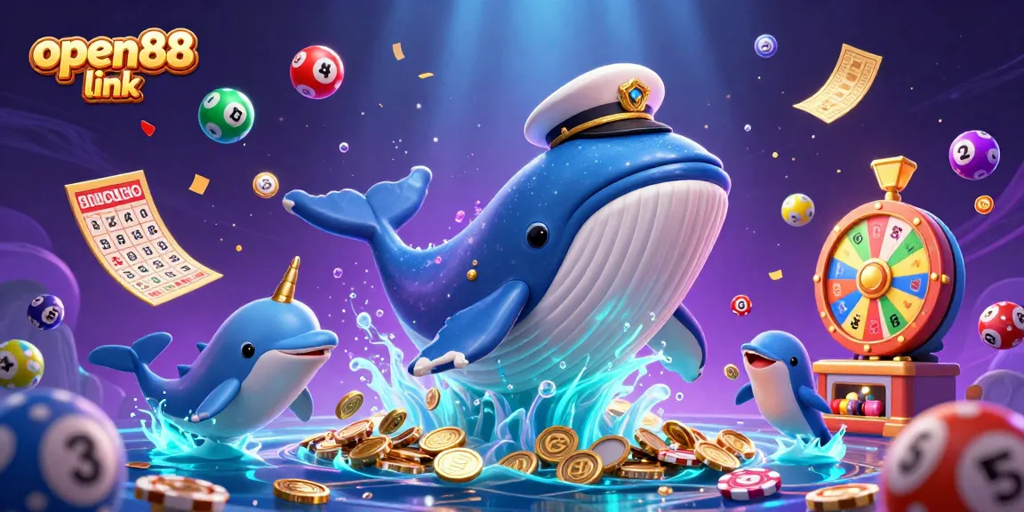 Experience the thrill of winning with open88 link as colorful elements surround a playful underwater scene filled with coins and casino games.