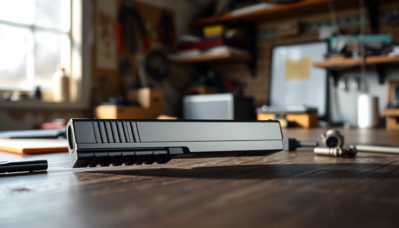 Showcase of glock 17 slide oem on a workshop table highlighting craftsmanship.
