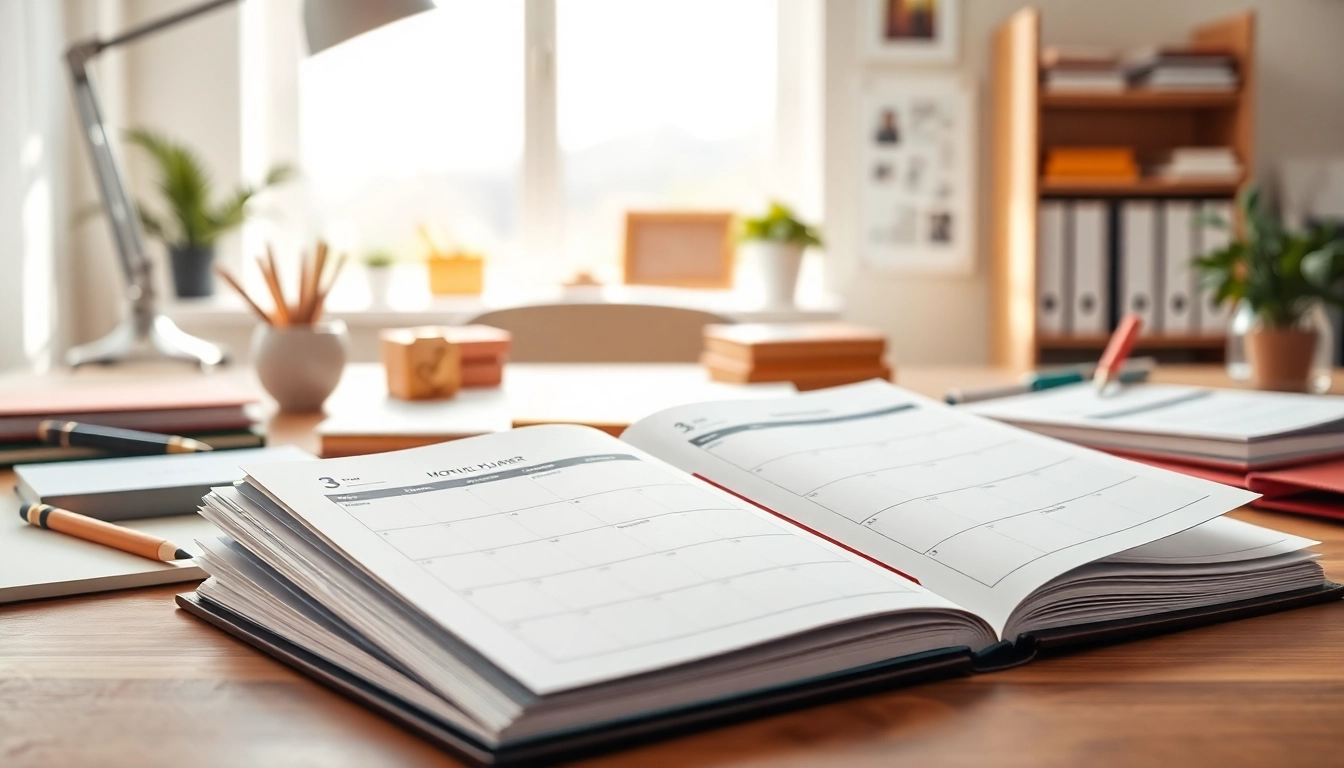 Showcasing Custom Monthly Planners on a stylish workspace with vibrant pages and natural lighting.