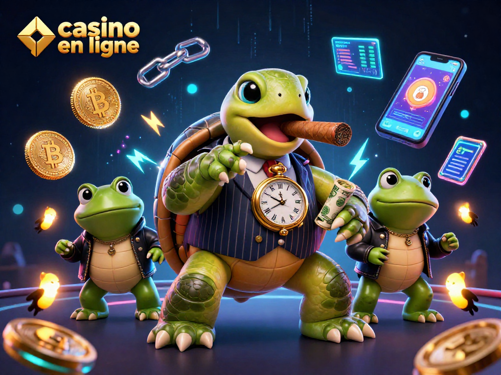Les tortues de casino en ligne étincelantes gagnant avec des pièces numériques et des lumières scintillantes.