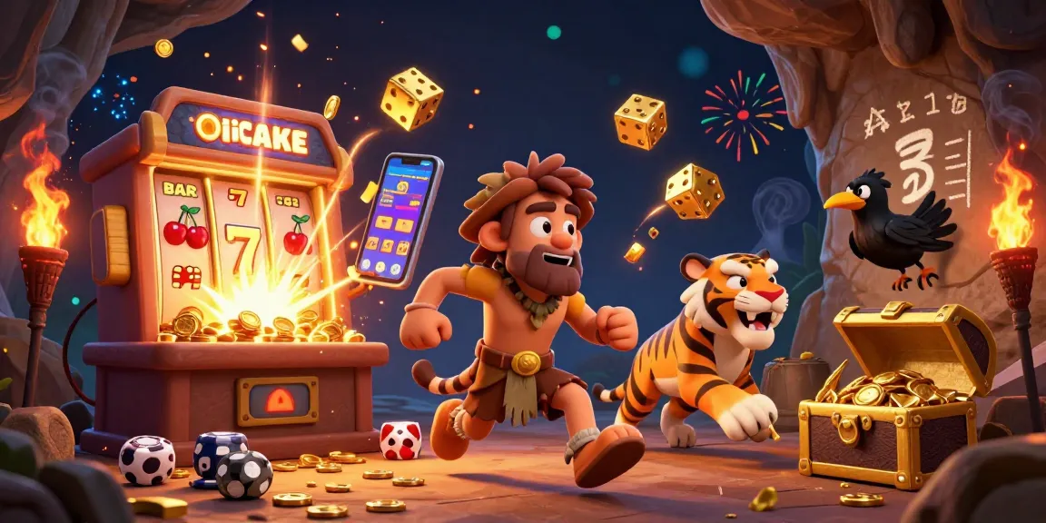 Socolive entertains players with a vibrant 3D casino scene featuring a caveman, saber-tooth tiger, and crow, amidst thrilling slot machines.