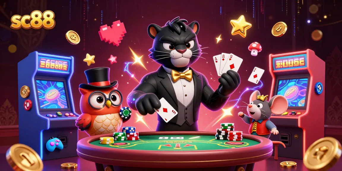 sc88 enhances your poker game with a stylish panther and charming owl in a vibrant casino scene