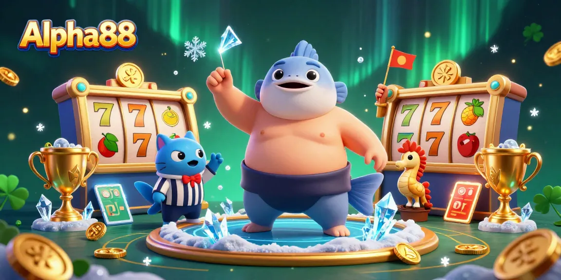 Experience thrilling slot games with Alpha88's vibrant underwater casino scene featuring cartoon characters.