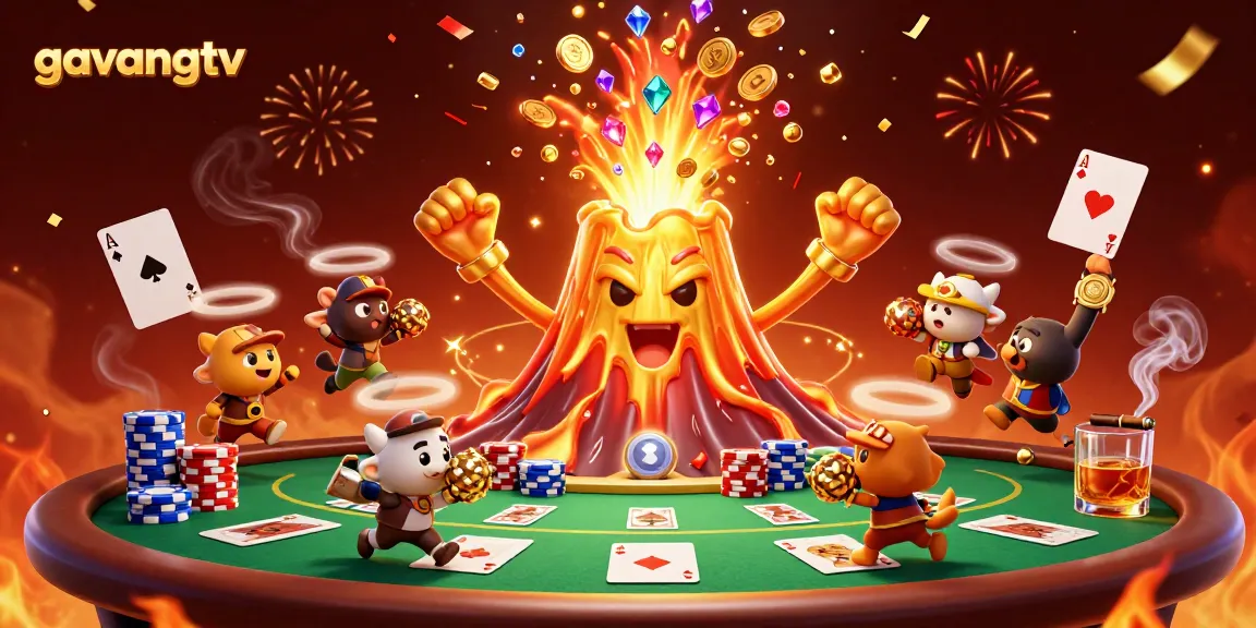 Engage in thrilling poker gameplay with gavangtv's animated volcano treasure scene, featuring chip towers.
