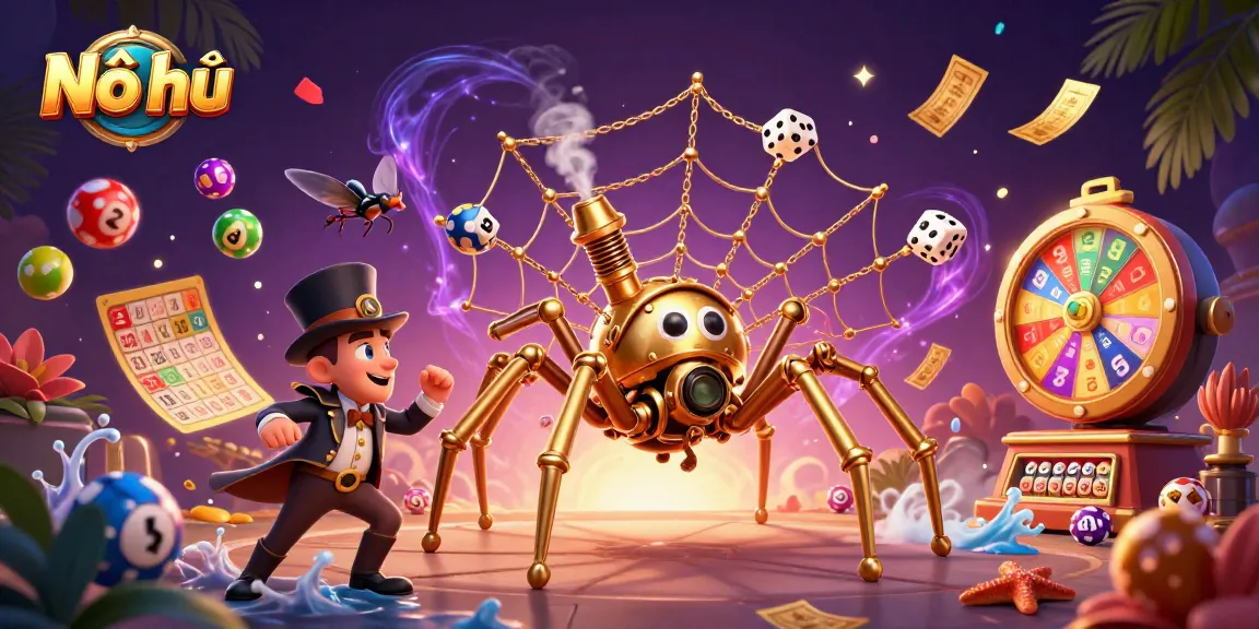 Nổ hũ showcases a dynamic casino scene with a steampunk spider and vibrant game elements.