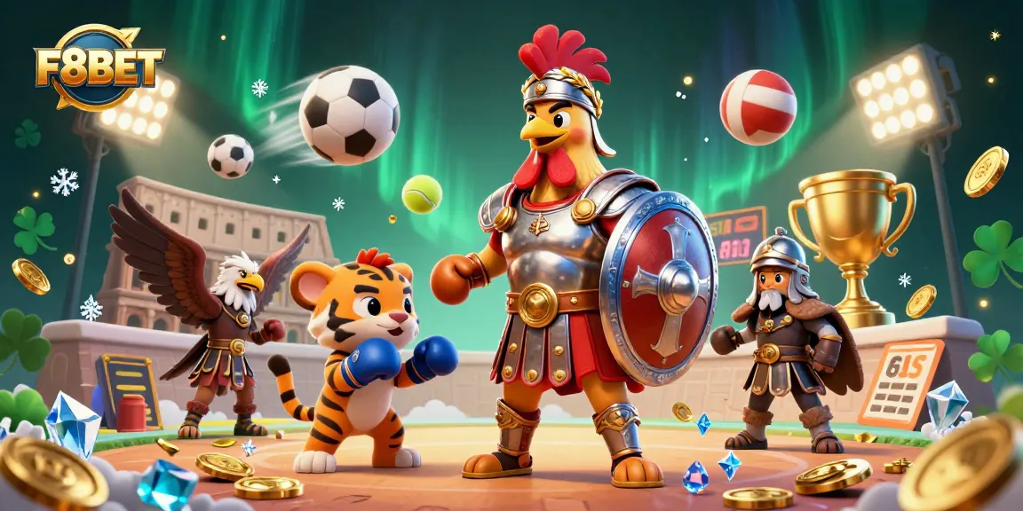 Engage in thrilling action with F8BET's vibrant 3D casino illustration featuring a gladiator rooster and excited gameplay elements.
