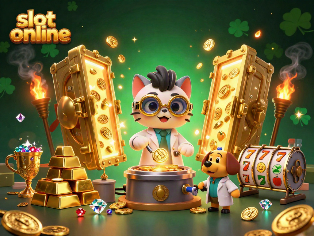 Experience thrilling slot online excitement with a playful mad scientist cat and dog creating a gold-coin machine amidst sparkling treasures.