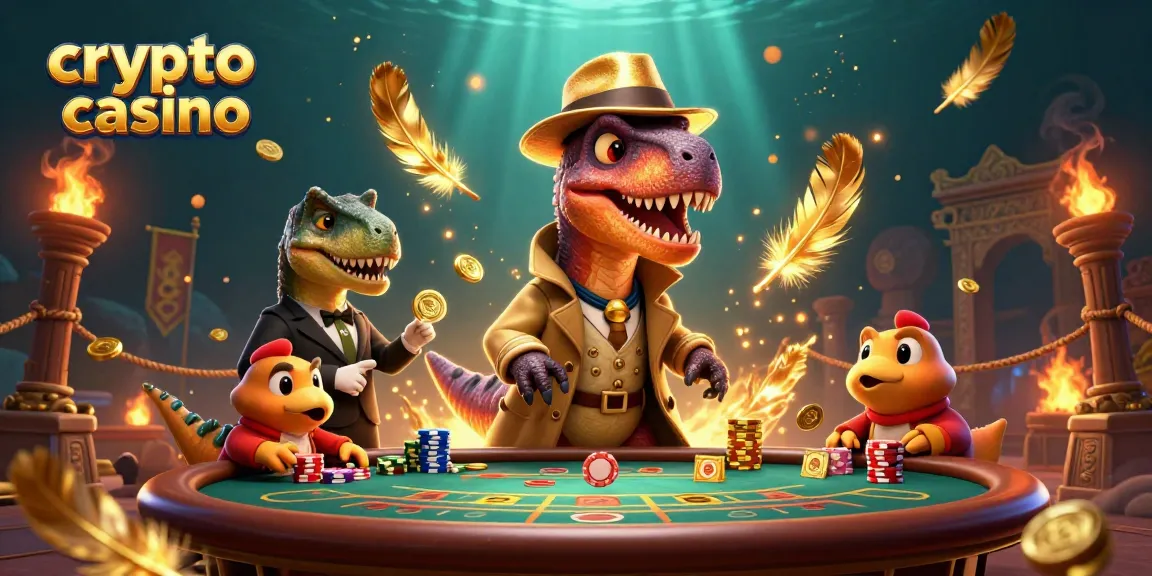 Giocatori in un crypto casino: il velociraptor al tavolo di blackjack fugge sotto lo sguardo attento di un pit boss stegosaurus.