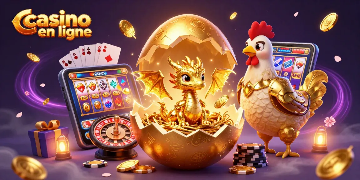 Jouer au casino en ligne avec un dragon en or et des jetons de poker sous un effet magique.