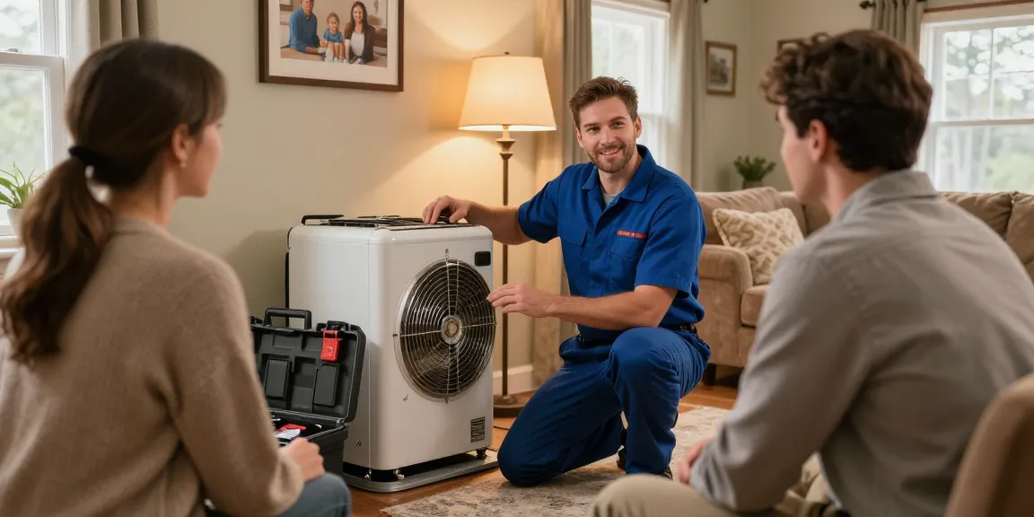 Furnace repair Stevens Point with technician explaining details to homeowner in a cozy living room.