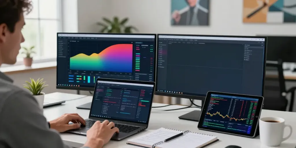 Trader using MetaTrader 5 on devices in a bright, modern office