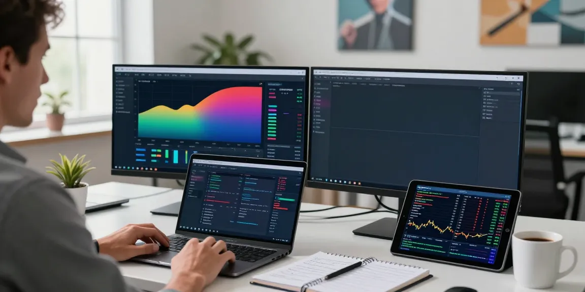 Trader using MetaTrader 5 on devices in a bright, modern office