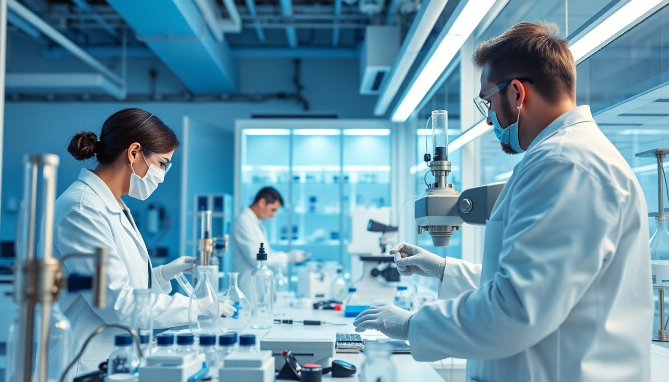 Study peptides for sale in a modern lab with scientists working with advanced equipment.