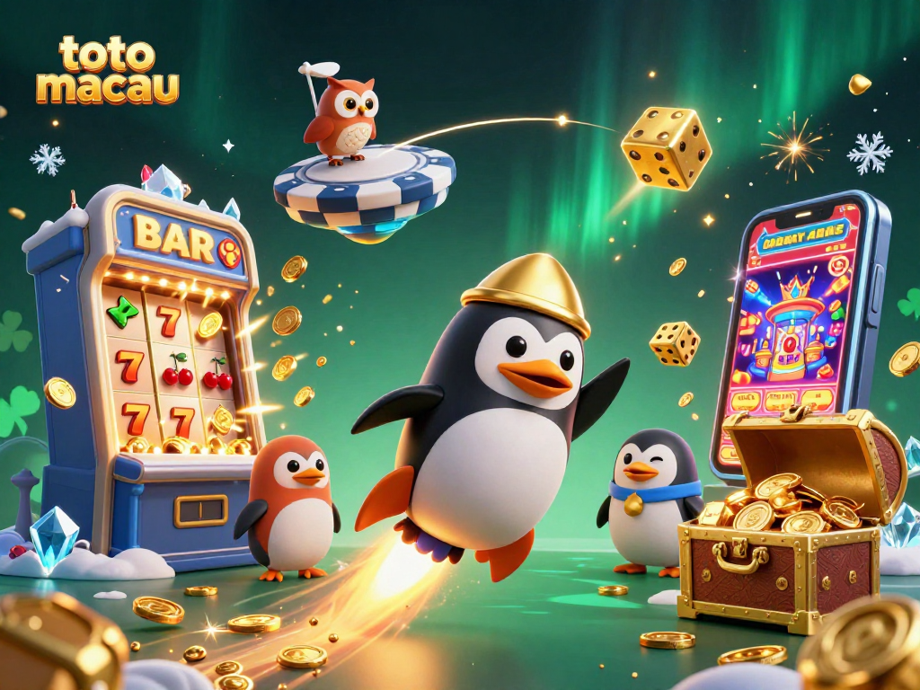 Experience the thrill of toto macau with a 3D cartoon penguin blasting through a dynamic casino scene filled with excitement.