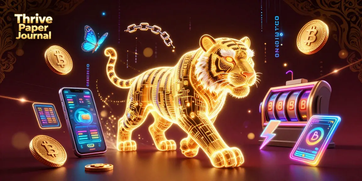 Thrive Paper Journal presents an energetic digital casino scene with a glowing tiger and crypto elements.