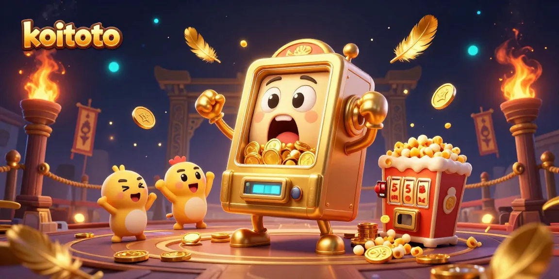 Koitoto slot machine hits jackpot, showering coins in a vibrant casino scene filled with celebration.