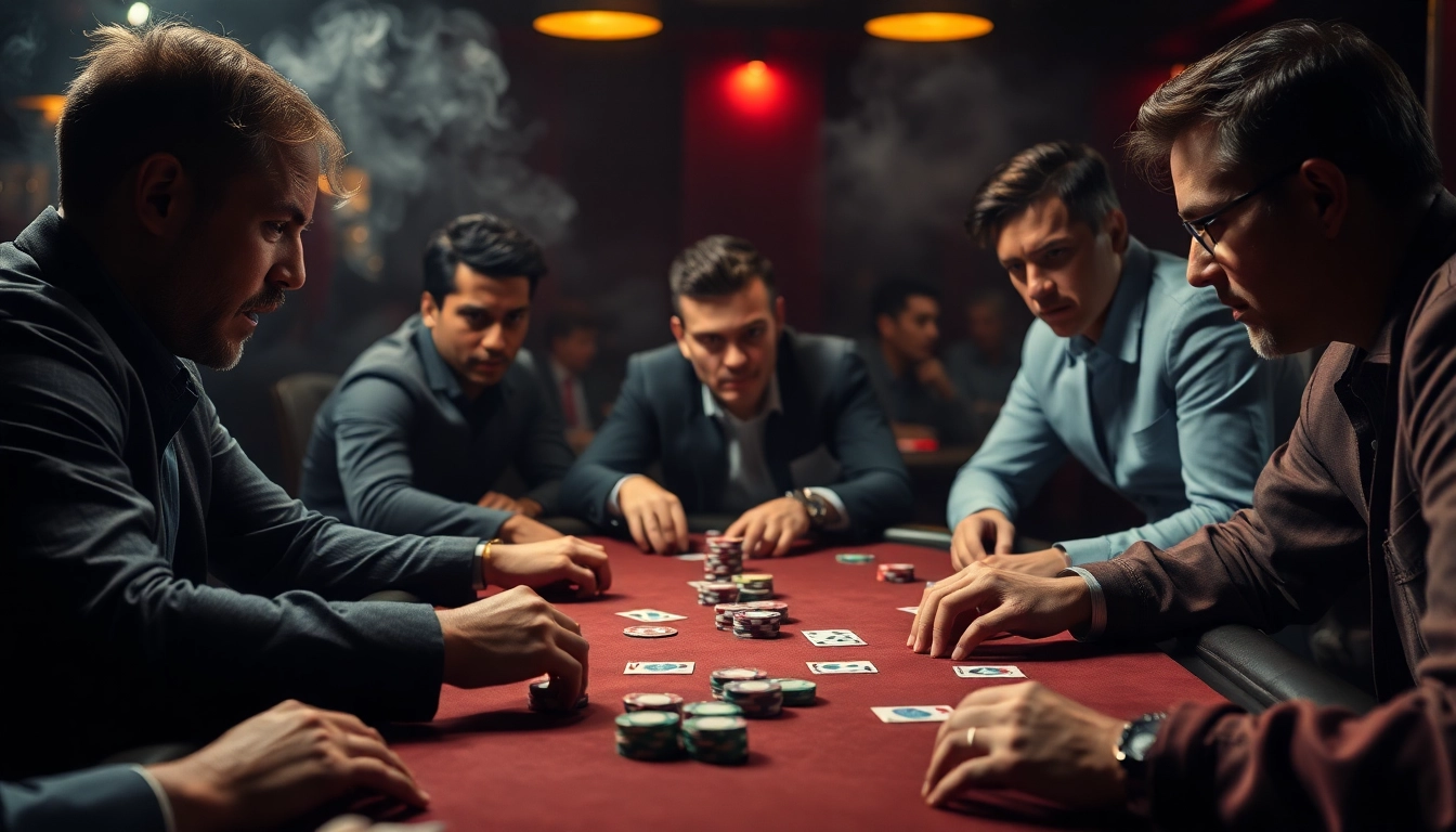 Permainan Poker88 yang menampilkan pemain berkonsentrasi di meja dengan kartu dan chip berwarna.
