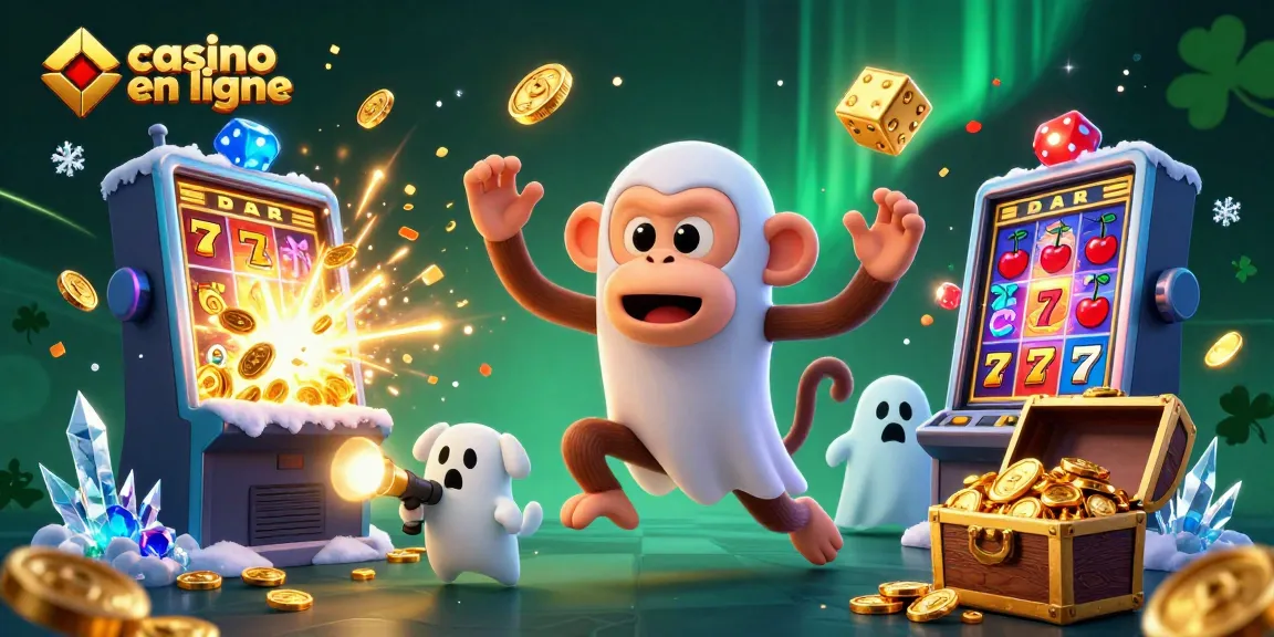 Profitez des jeux dans un casino en ligne avec un singe malicieux et un chiot chasseur de fantômes.