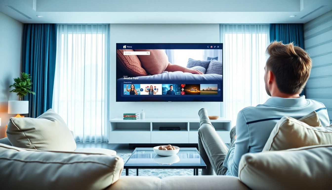 Watch free trial iptv with a user enjoying high-quality streams in a modern living room.