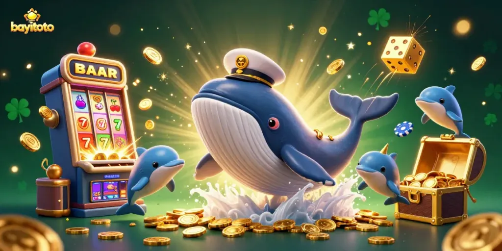 Bayitoto menghadirkan peluang menang dengan simbol slot dan chip poker melimpah dalam ilustrasi ceria.