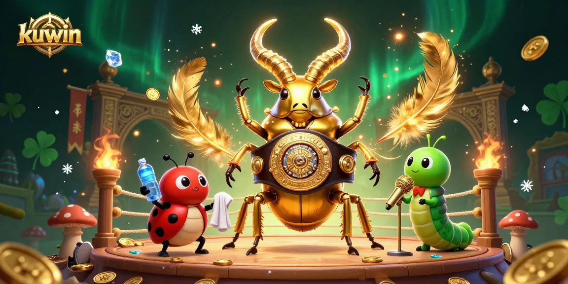 Kuwin promotes an exciting online casino atmosphere with a golden stag beetle champion and vibrant gambling elements.