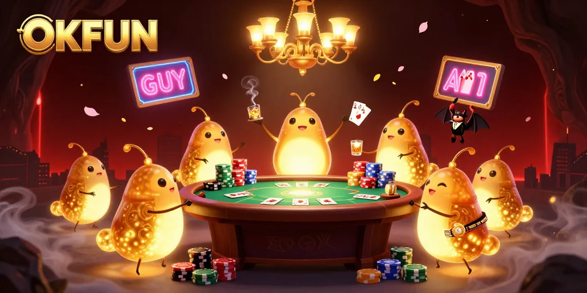 Experience the excitement at OKFUN Casino with glowing creatures and poker action in a vibrant cave setting.