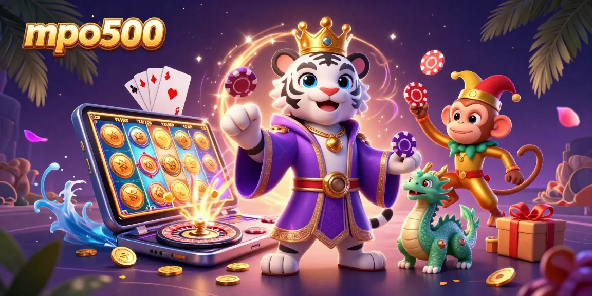 Experience the thrill of mpo500 with engaging 3D characters amidst a vibrant casino landscape.