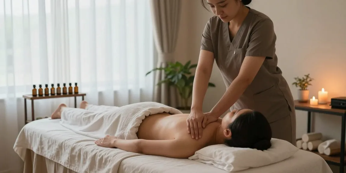 마사지 치료실에서 아로마 향과 부드러운 조명이 감도는 편안한 분위기 속에서 마사지를 받는 고객의 모습.