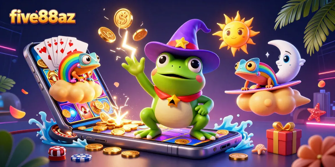 Experience five88az with a cartoon wizard frog and chameleon in a vibrant casino scene