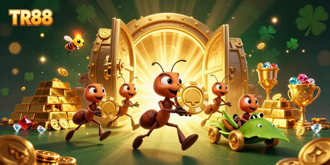 TR88 team of ants escapes with a giant golden poker chip in a vibrant casino heist scene.
