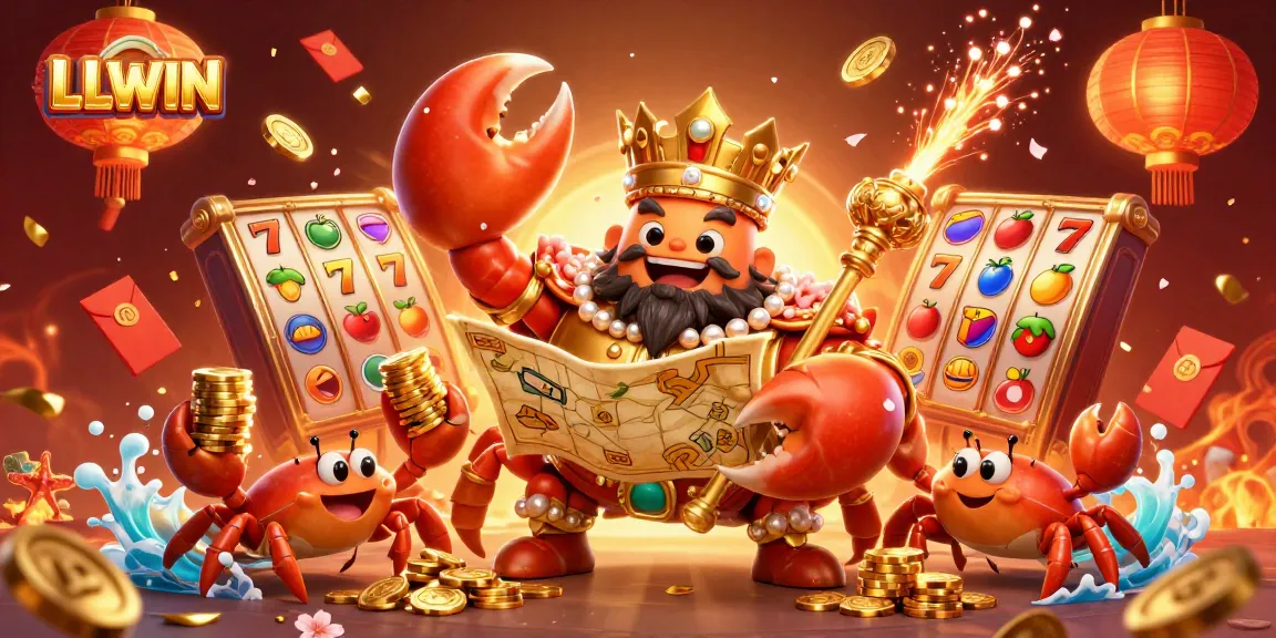 Experience thrilling games at LLWIN with the golden crab emperor amidst festive casino symbols.