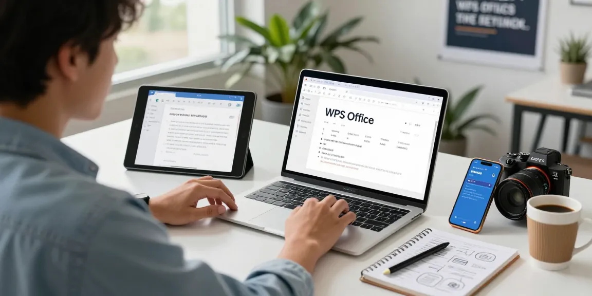 使用WPS Office 下载同步文档的现代办公场景，展示设备间流畅的协作。