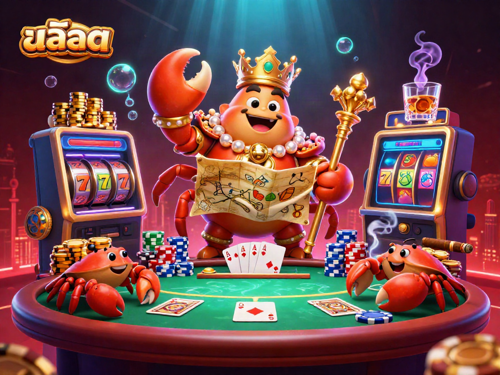 Experience exciting สล็อต slots action with a golden crab emperor surrounded by vivid casino elements.