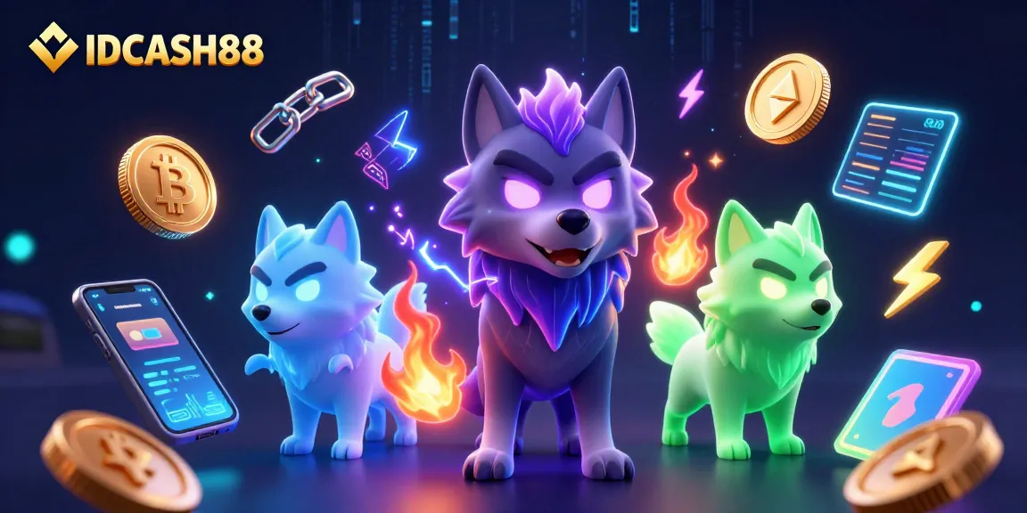 Experience IDCASH88's thrilling casino atmosphere with vibrant 3D wolves and cryptocurrency elements.