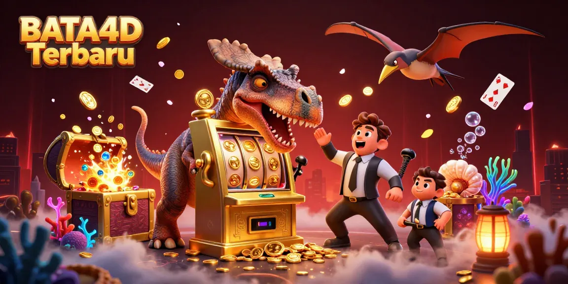 BATA4D Terbaru features a whimsical scene with cartoon dinosaurs and slot machines, capturing the excitement of winning.