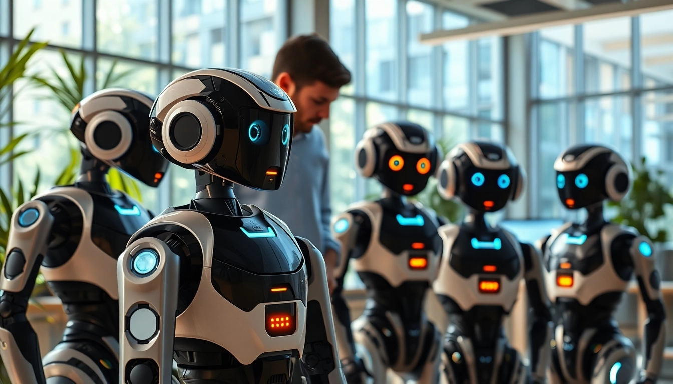 AI Bots collaborating in a modern workspace, showcasing innovative technology and teamwork.