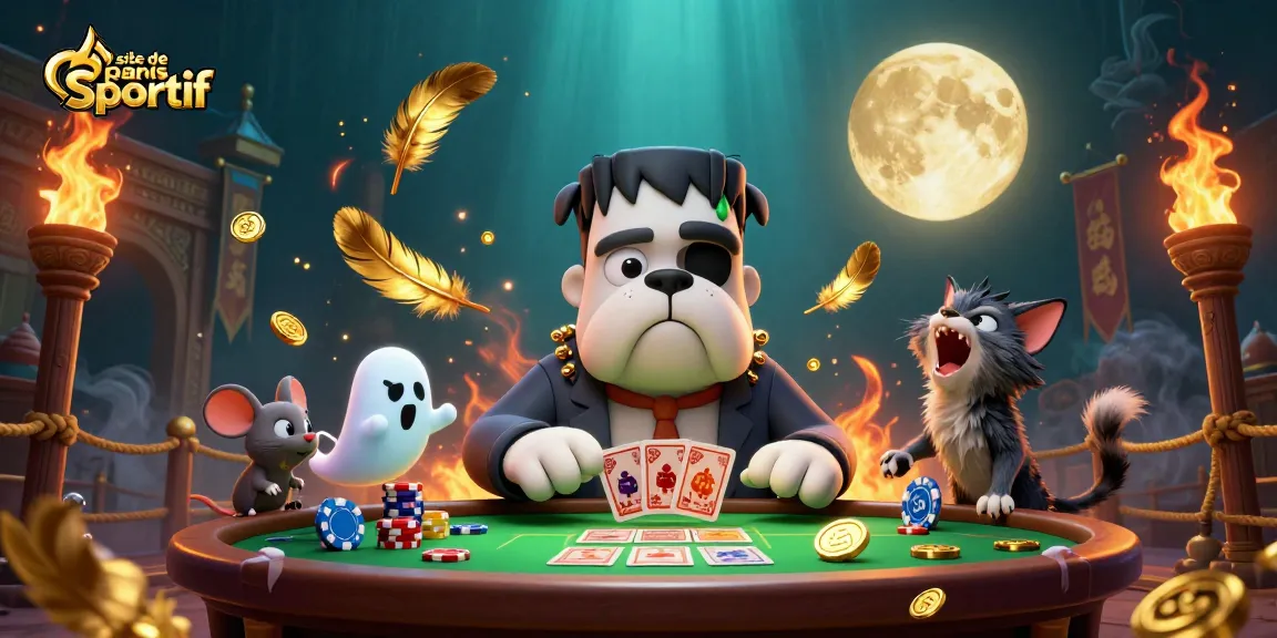 Illustration captivante montrant un bulldog monstre dealer de cartes pour un site de paris sportif.
