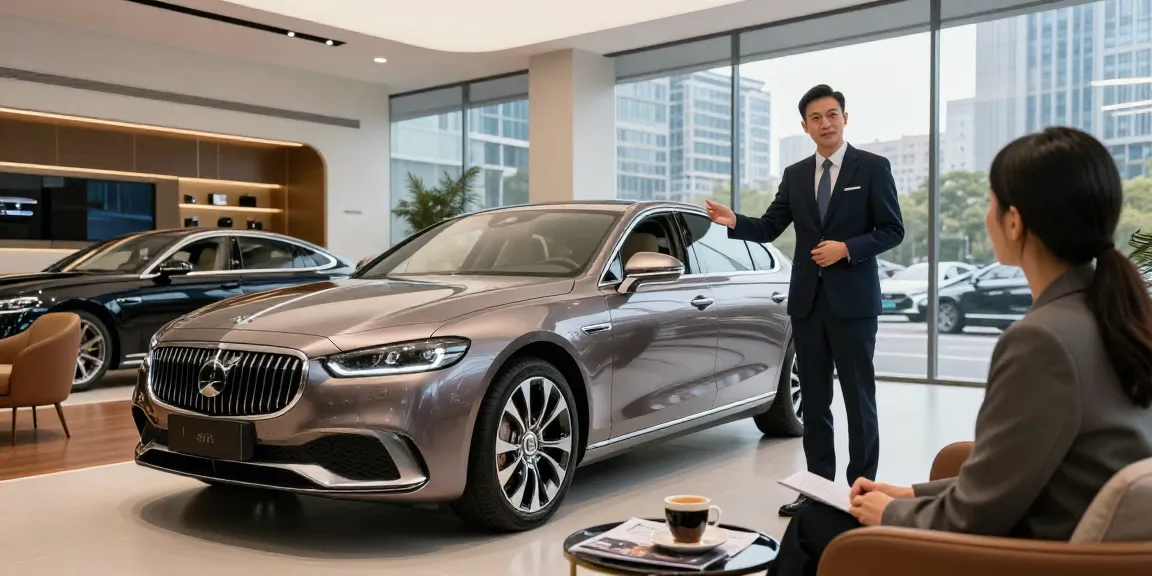 Mobil LUXURY 777 yang ditampilkan di showroom mewah dengan desain modern dan konsultan ramah menyambut klien.