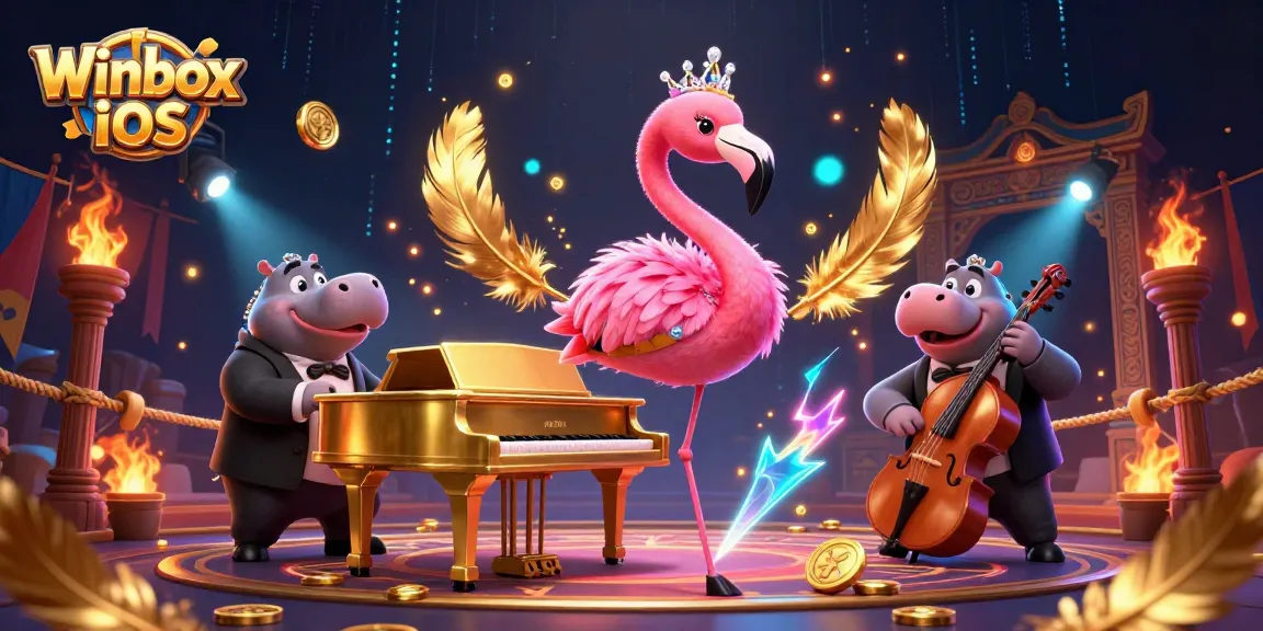 Winbox iOS offers a vibrant casino experience with a flamingo singer and a hippo bassist in 3D.