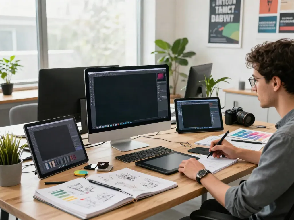 Graphic designer working on vibrant projects at an organized workspace reflecting the concept of image source