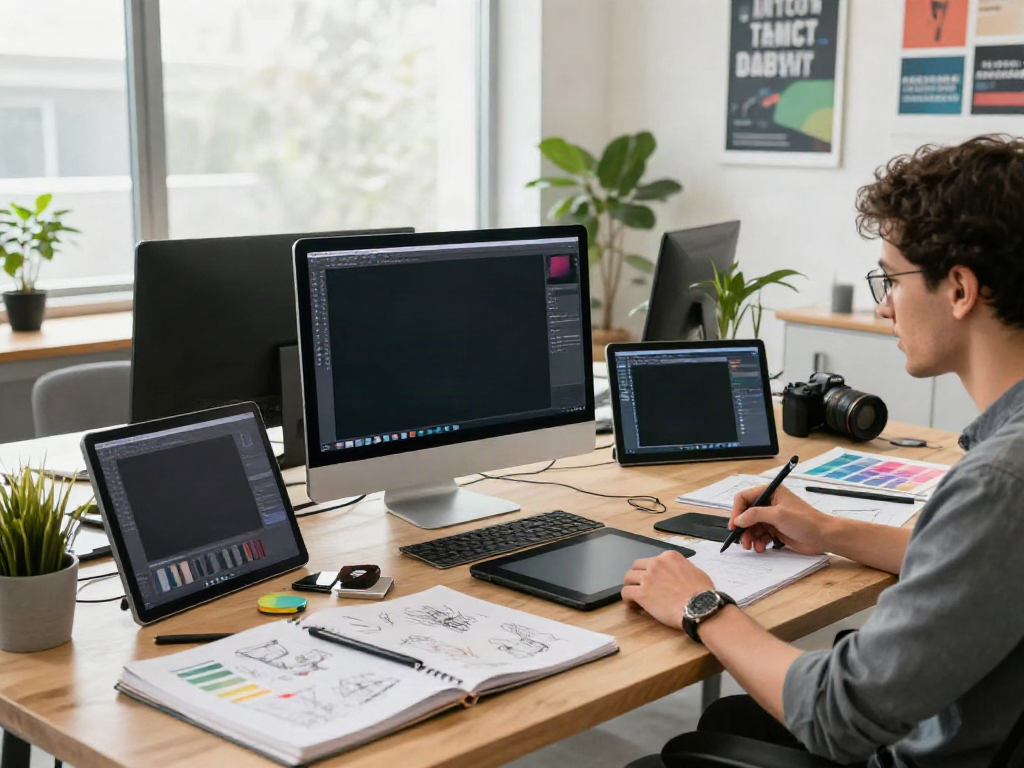 Graphic designer working on vibrant projects at an organized workspace reflecting the concept of image source