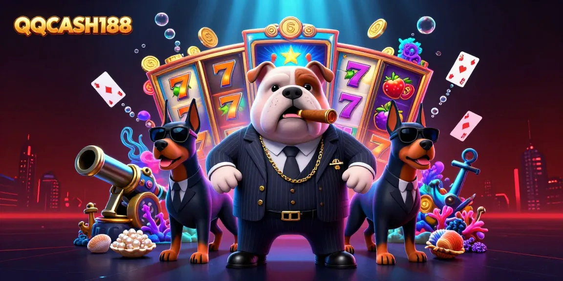 Experience the thrill of QQCASH188 with a vibrant cartoon illustration of a mafia bulldog boss amidst slot machines and treasures.