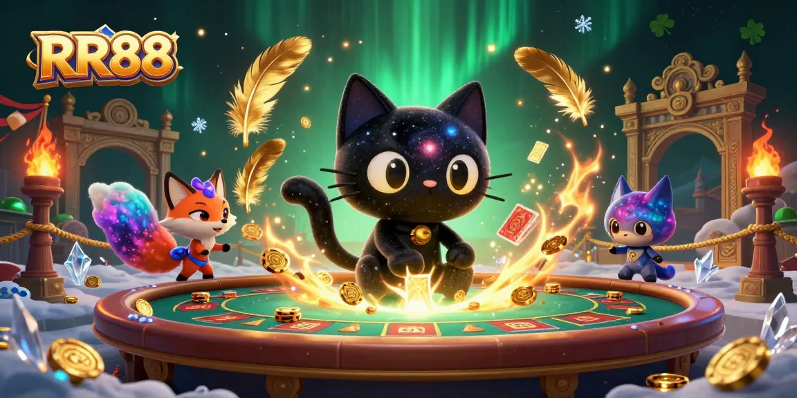 Experience RR88's thrilling cosmic casino adventure with a black hole cat and a nebula fox.