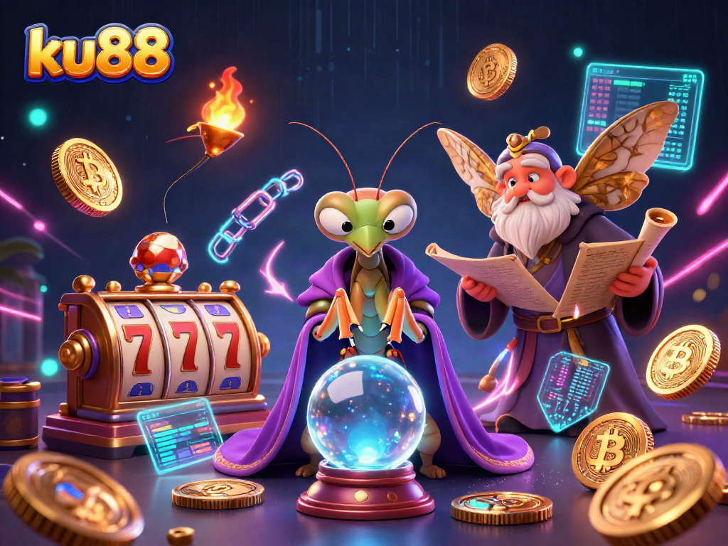 ku88 players enjoy dynamic slot games with a whimsical fortune teller and vibrant elements