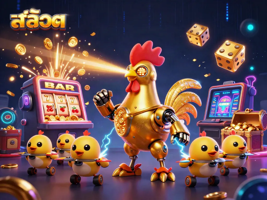 Experience the thrill of สล็อต with a dynamic scene featuring a golden robot and coins from exploding slot machines.