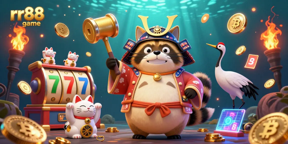 Engage in exhilarating gameplay with rr88 game, featuring a festive tanuki and vibrant slot elements.