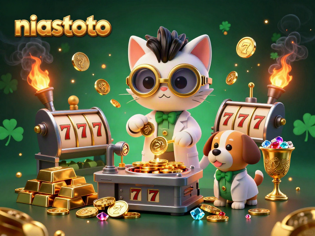 Experience niastoto's amazing casino atmosphere with a mad scientist cat creating gold coins surrounded by jewels.