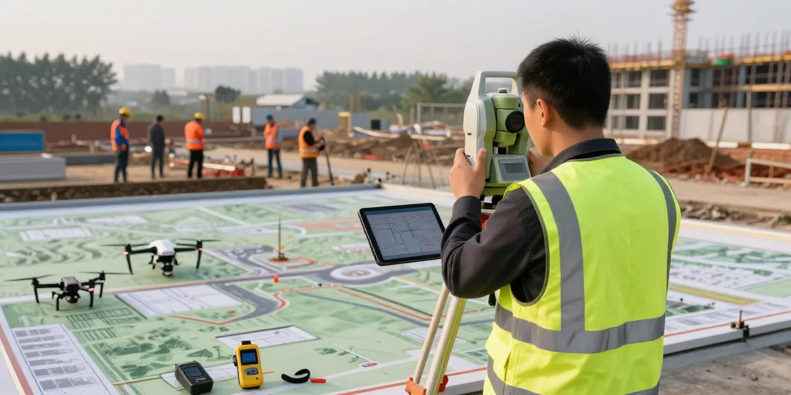 Topographical surveys Surrey and Sussex: surveyor measuring land features with advanced tools on a construction site