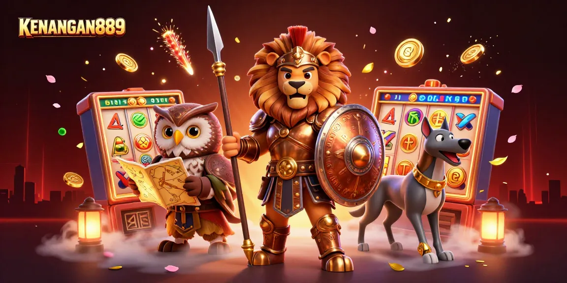 Experience thrilling action with KENANGAN889 in this dynamic casino illustration featuring a heroic lion and strategists.