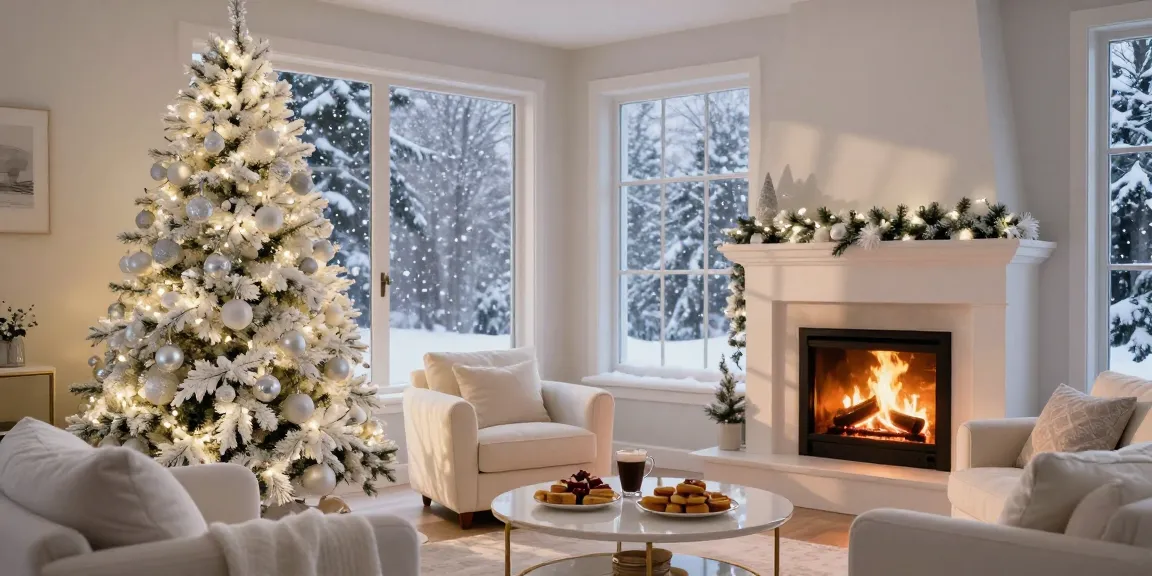 Cozy living room featuring an elegant white Christmas tree decorated with silver ornaments and lights.